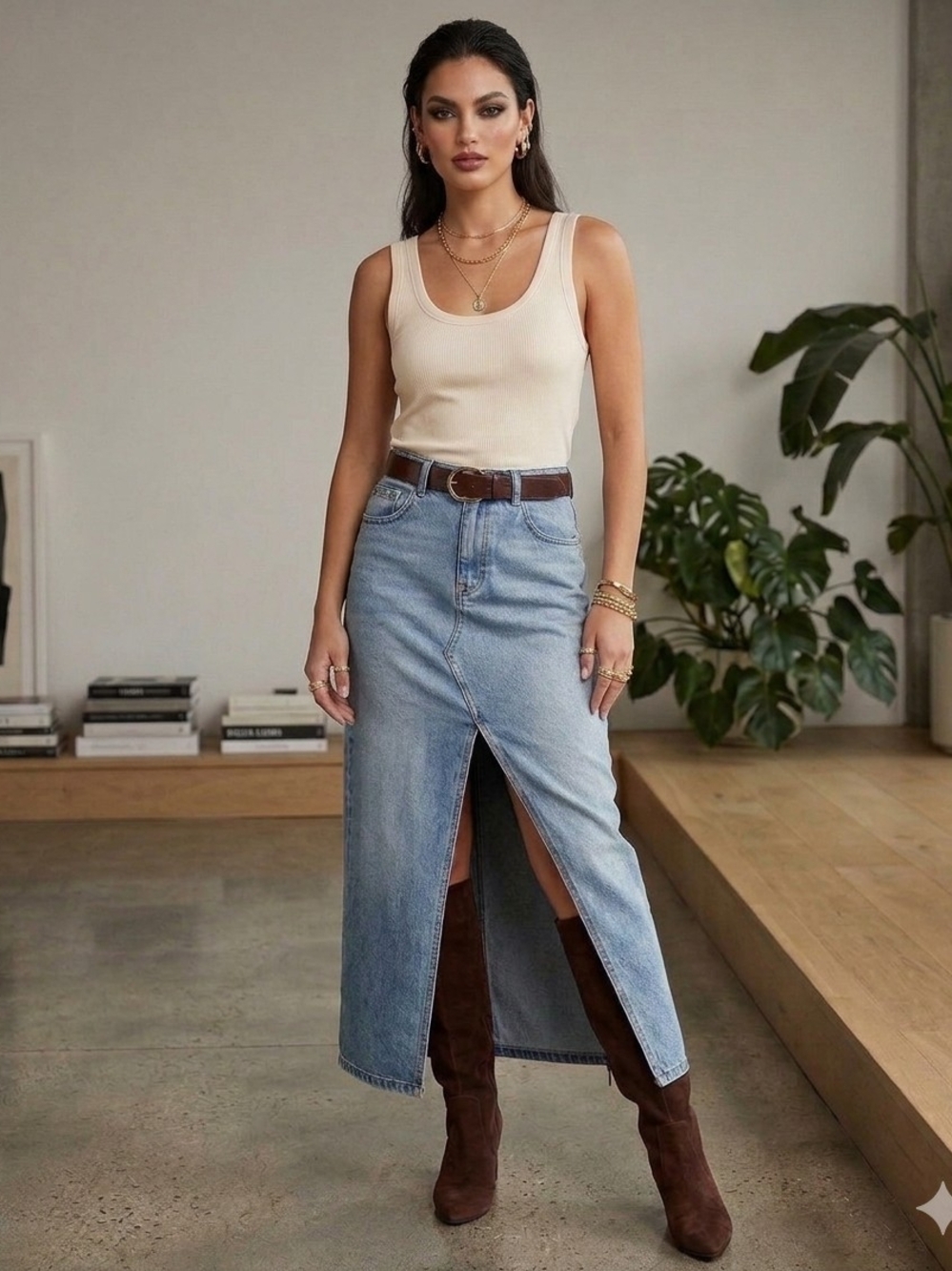 Dex Light Blue Denim Maxi Skirt with Front Slit